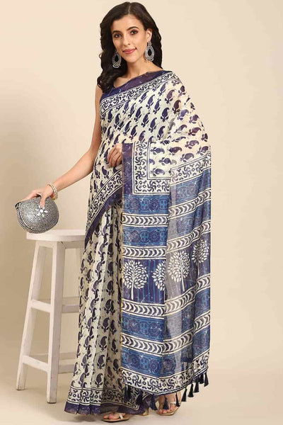 Buy Neeta Blue Cotton Block Printed One Minute Saree Online - One Minute Saree