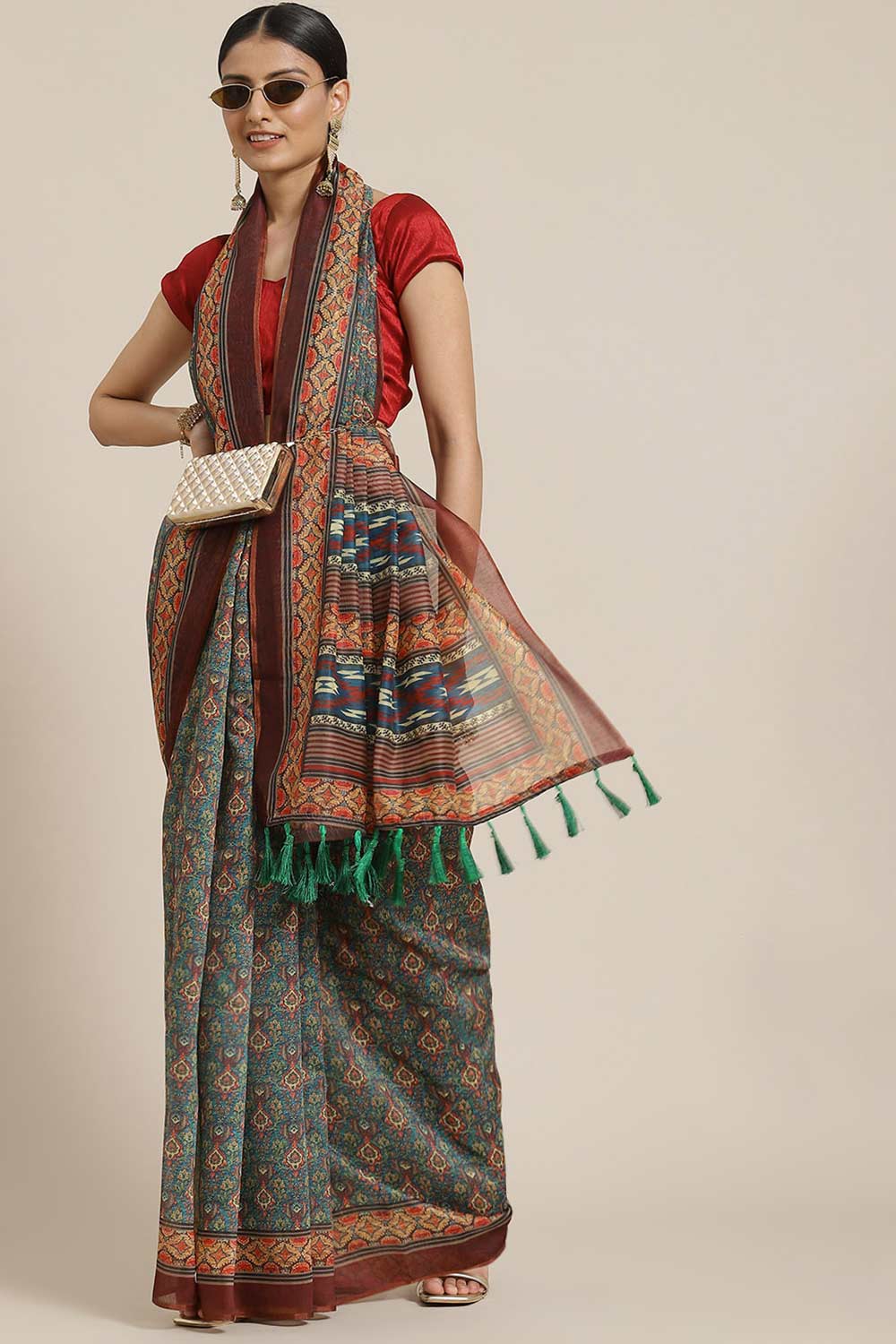 Buy Kasia Multi-Color Cotton Block Printed One Minute Saree Online - One Minute Saree