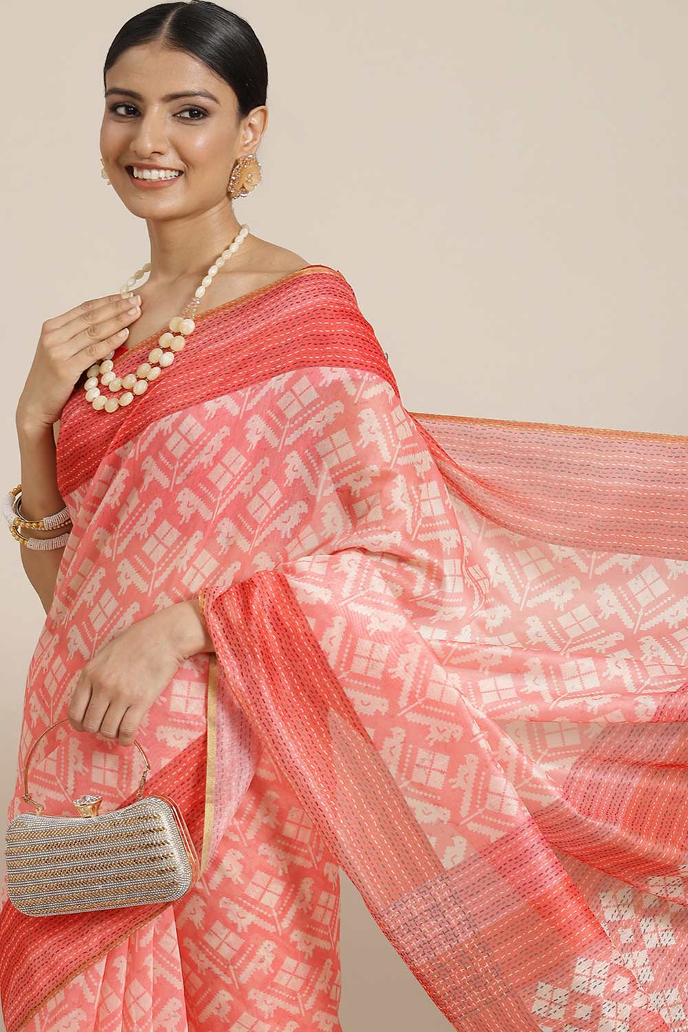 Buy Trina Pink Cotton Block Printed One Minute Saree Online