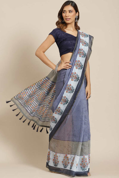 Buy Chantrelle Blue Cotton Block Printed One Minute Saree Online - One Minute Saree