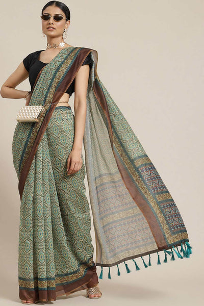 Buy Nora Green Cotton Block Printed One Minute Saree Online - One Minute Saree