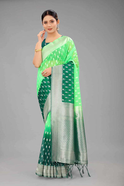 Buy Paan Green Nylon Organza Ethnic Motifs Banarasi One Minute Saree Online - One Minute Saree
