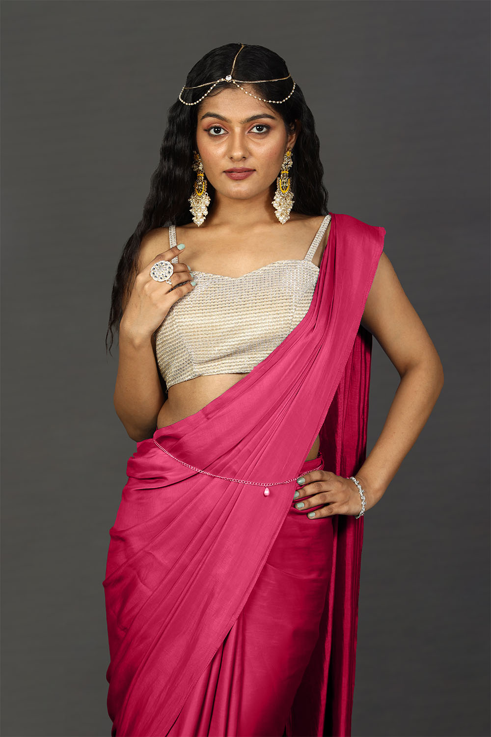 Buy Shana Ombre Pink And Red Satin One Minute Saree Online - Back