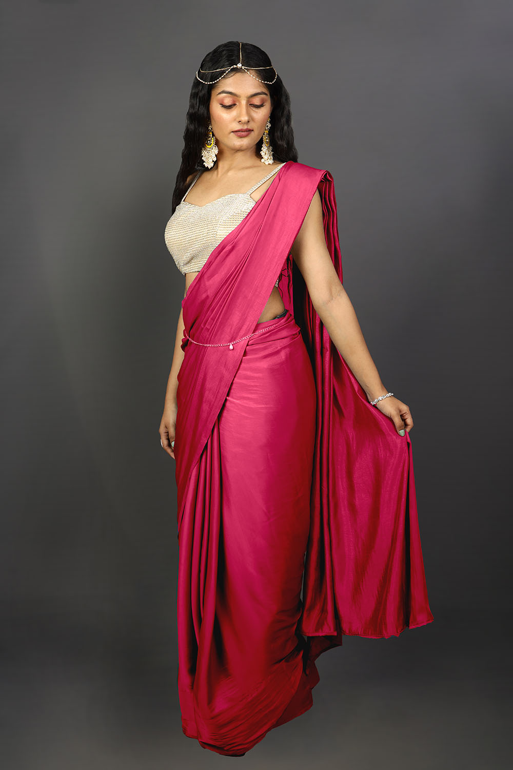 Buy Shana Ombre Pink And Red Satin One Minute Saree Online
