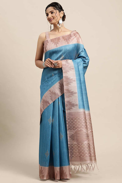 Buy Lulu Blue Silk Blend Bagh Printed One Minute Saree Online - One Minute Saree