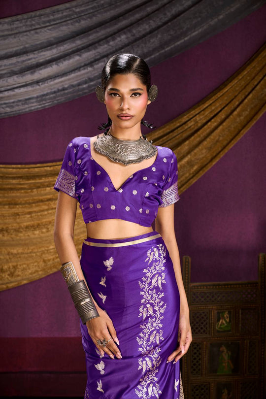 Akari Royal Purple Pure Satin Handloom Weaving Silk Ready to Wear Saree