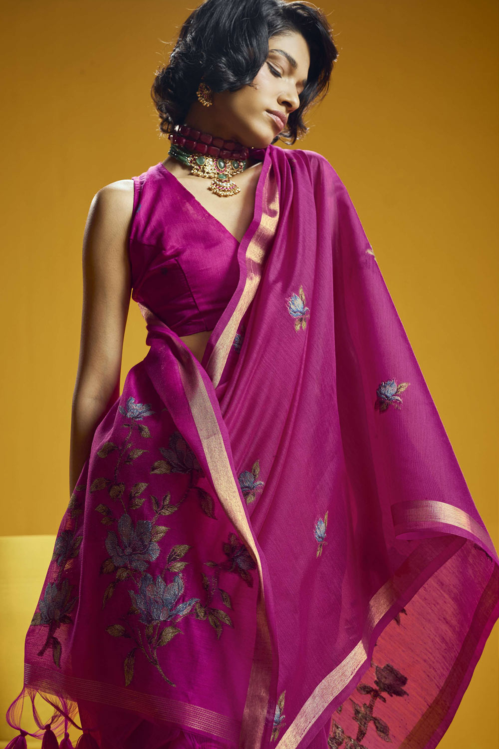 Emilia Fuchsia Pink Munga Print Cotton Handloom Weaving Ready to Wear Saree