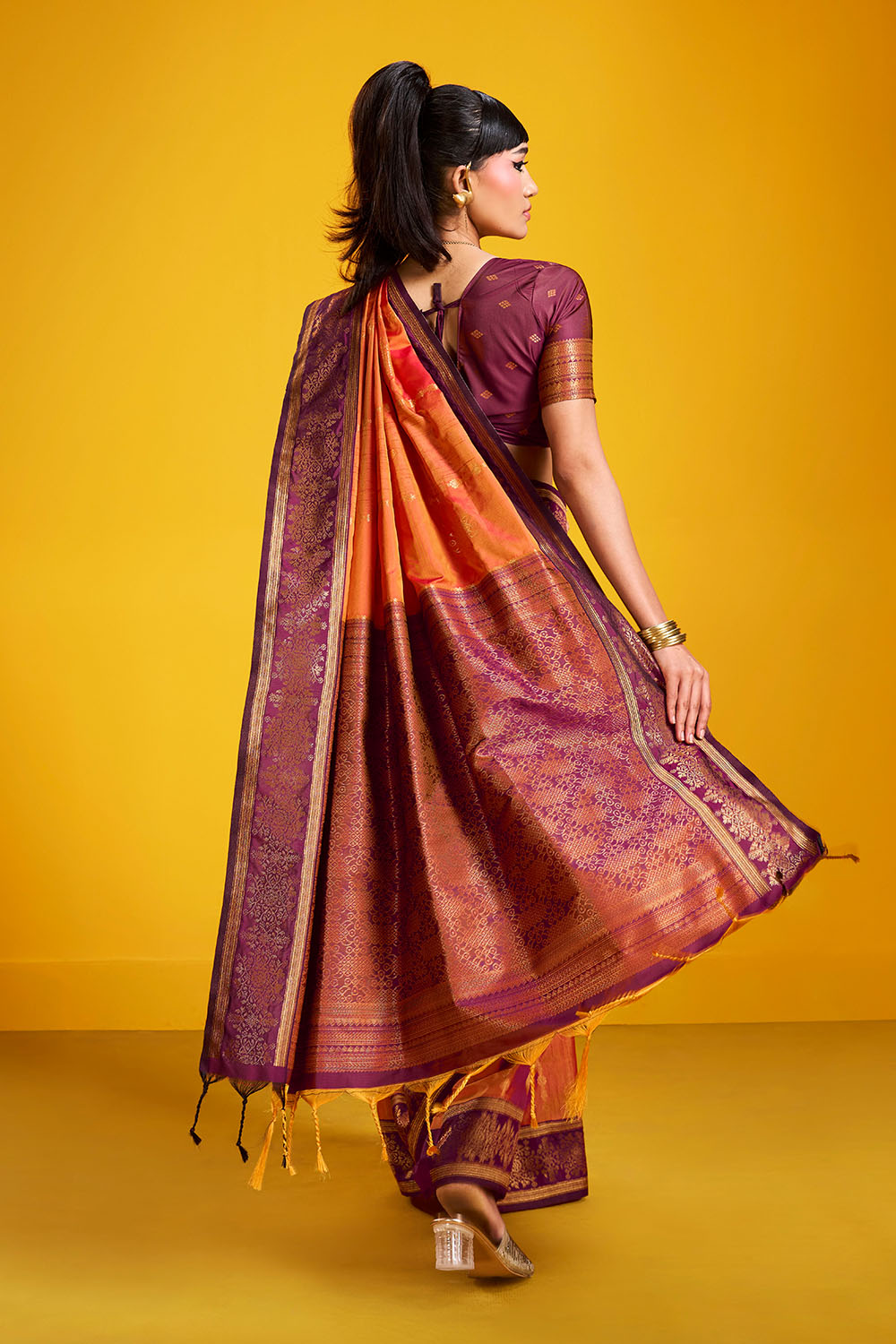 Caryn Orange and Wine Pure Silk Handloom Woven Ready to Wear Saree