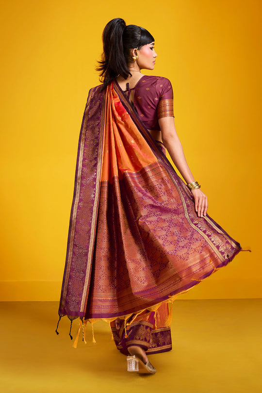 Caryn Orange and Wine Pure Silk Handloom Woven Ready to Wear Saree