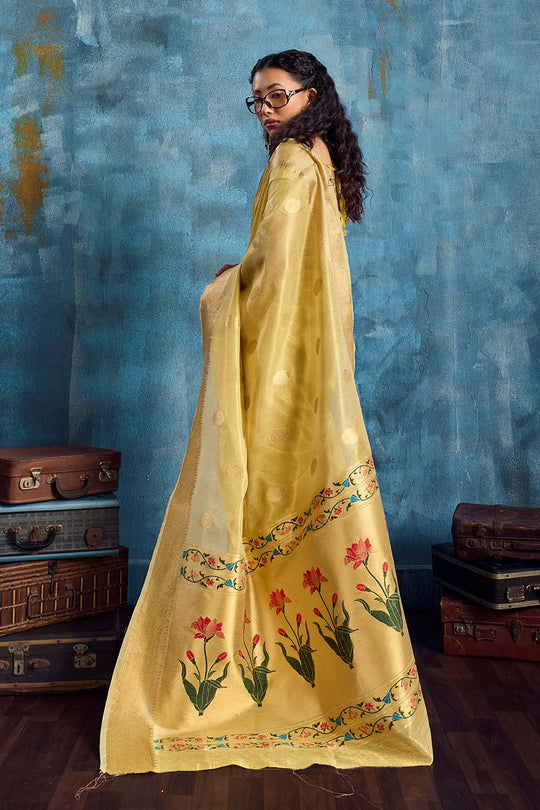 Cleo Mustard Yellow Paithani Tissue Handloom Weaving Ready to Wear Saree