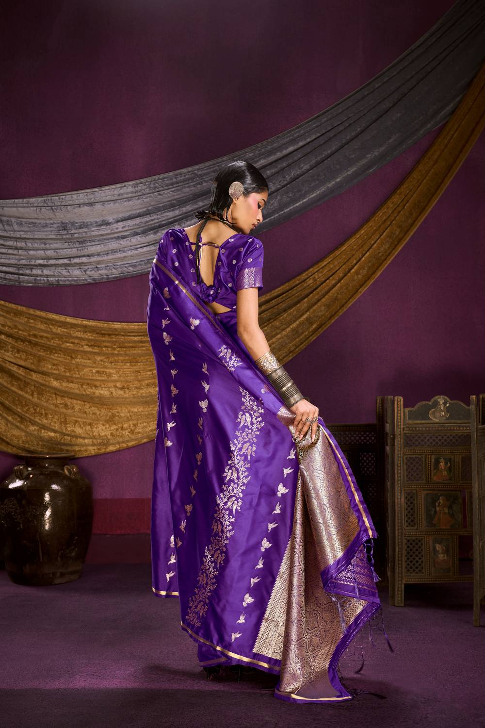 Akari Royal Purple Pure Satin Handloom Weaving Silk Ready to Wear Saree