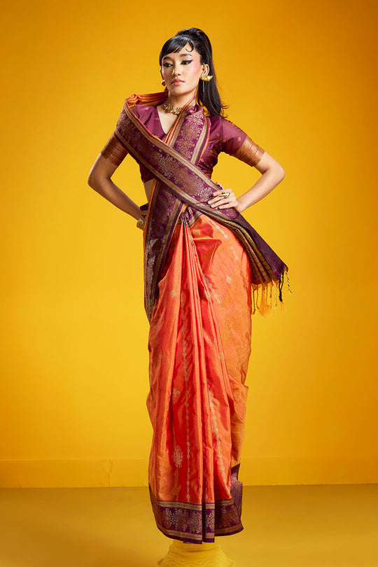 Caryn Orange and Wine Pure Silk Handloom Woven Ready to Wear Saree