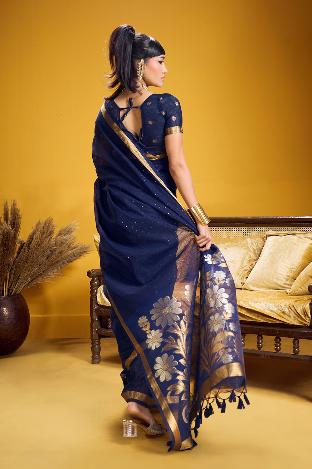 Neerja Navy Blue Munga Silk Zari Weaving Ready to Wear One Minute Saree