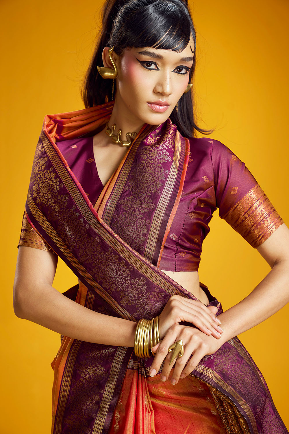 Caryn Orange and Wine Pure Silk Handloom Woven Ready to Wear Saree