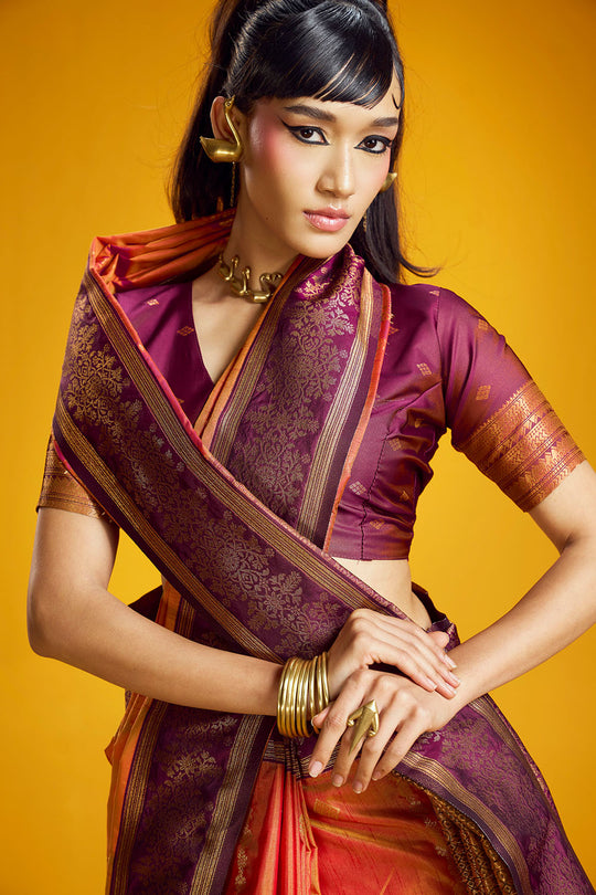 Caryn Orange and Wine Pure Silk Handloom Woven Ready to Wear Saree