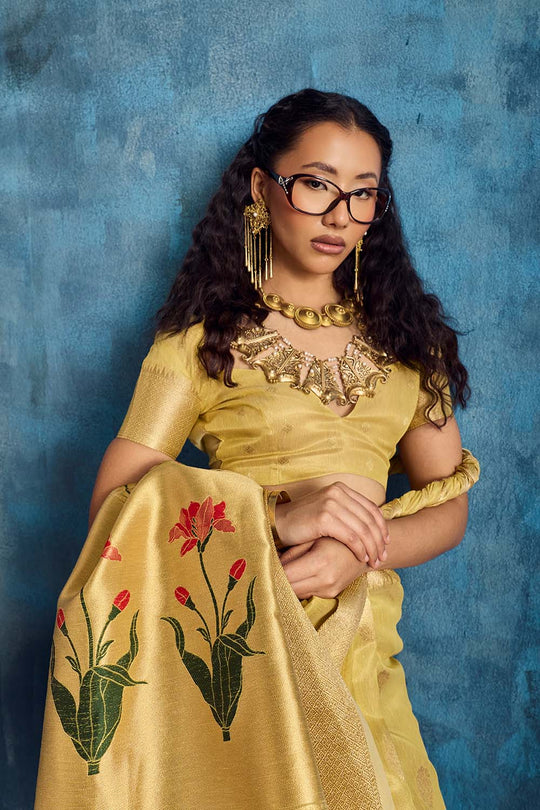 Cleo Mustard Yellow Paithani Tissue Handloom Weaving Ready to Wear Saree