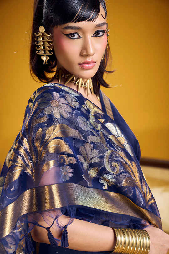 Neerja Navy Blue Munga Silk Zari Weaving Ready to Wear One Minute Saree