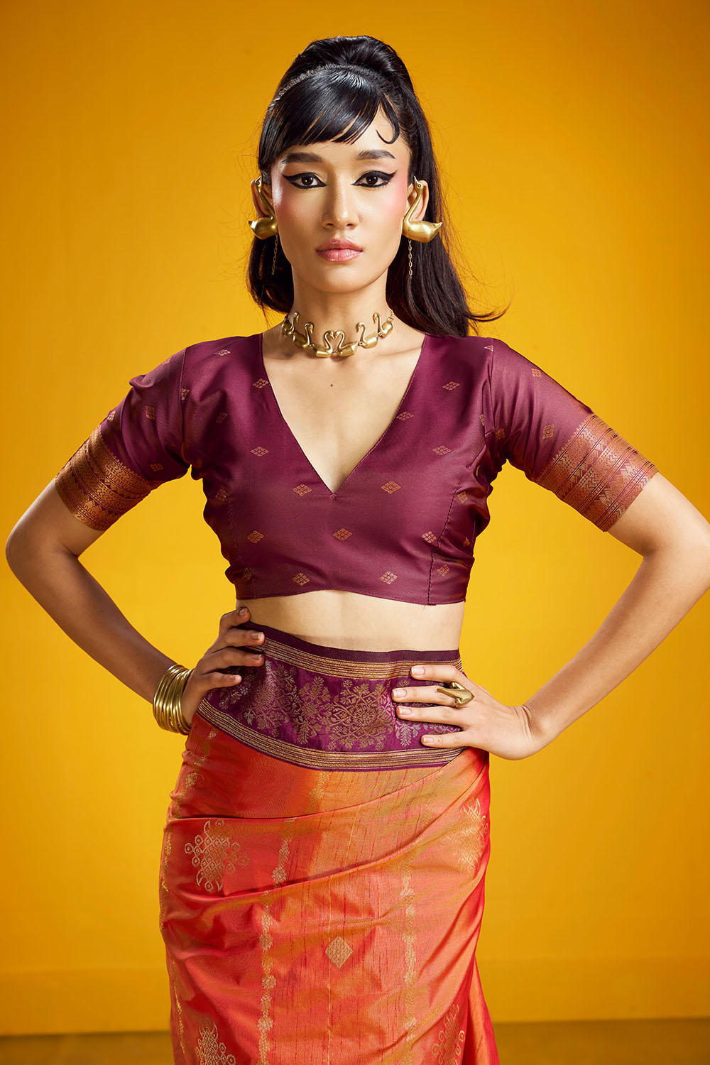 Caryn Orange and Wine Pure Silk Handloom Woven Ready to Wear Saree
