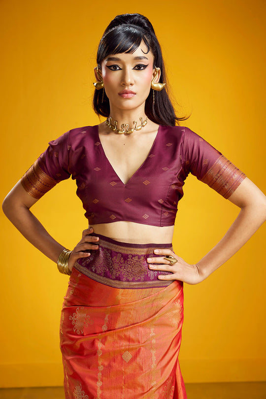 Caryn Orange and Wine Pure Silk Handloom Woven Ready to Wear Saree