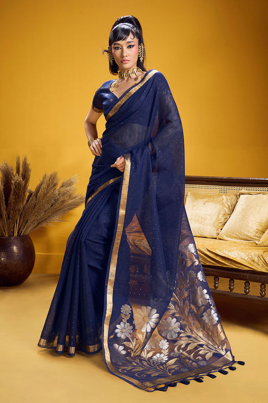Neerja Navy Blue Munga Silk Zari Weaving Ready to Wear One Minute Saree