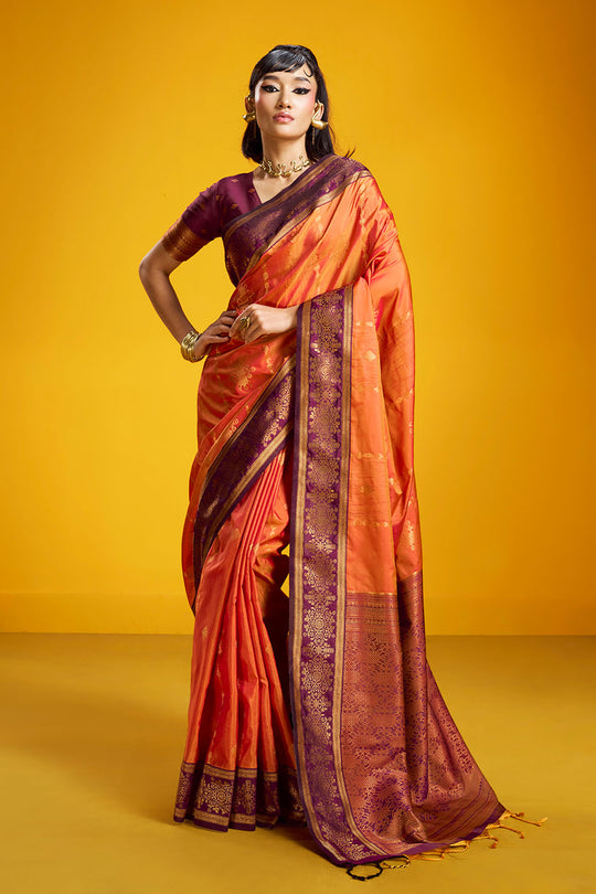 Caryn Orange and Wine Pure Silk Handloom Woven Ready to Wear Saree