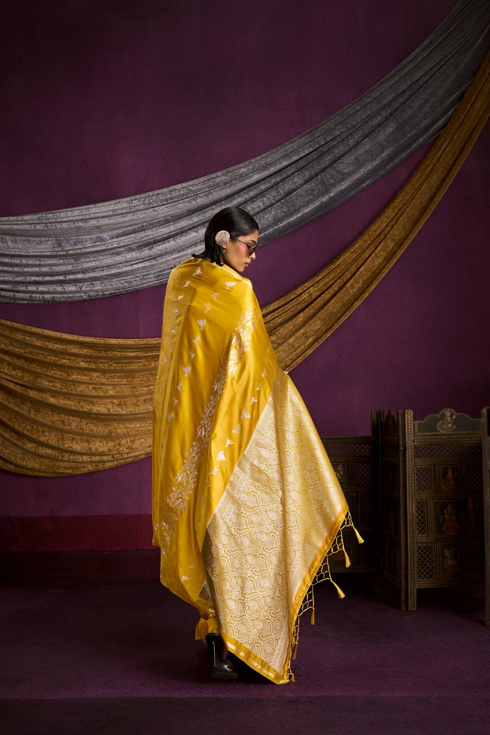 Akari Mustard Yellow Pure Satin Handloom Weaving Silk Ready to Wear Saree