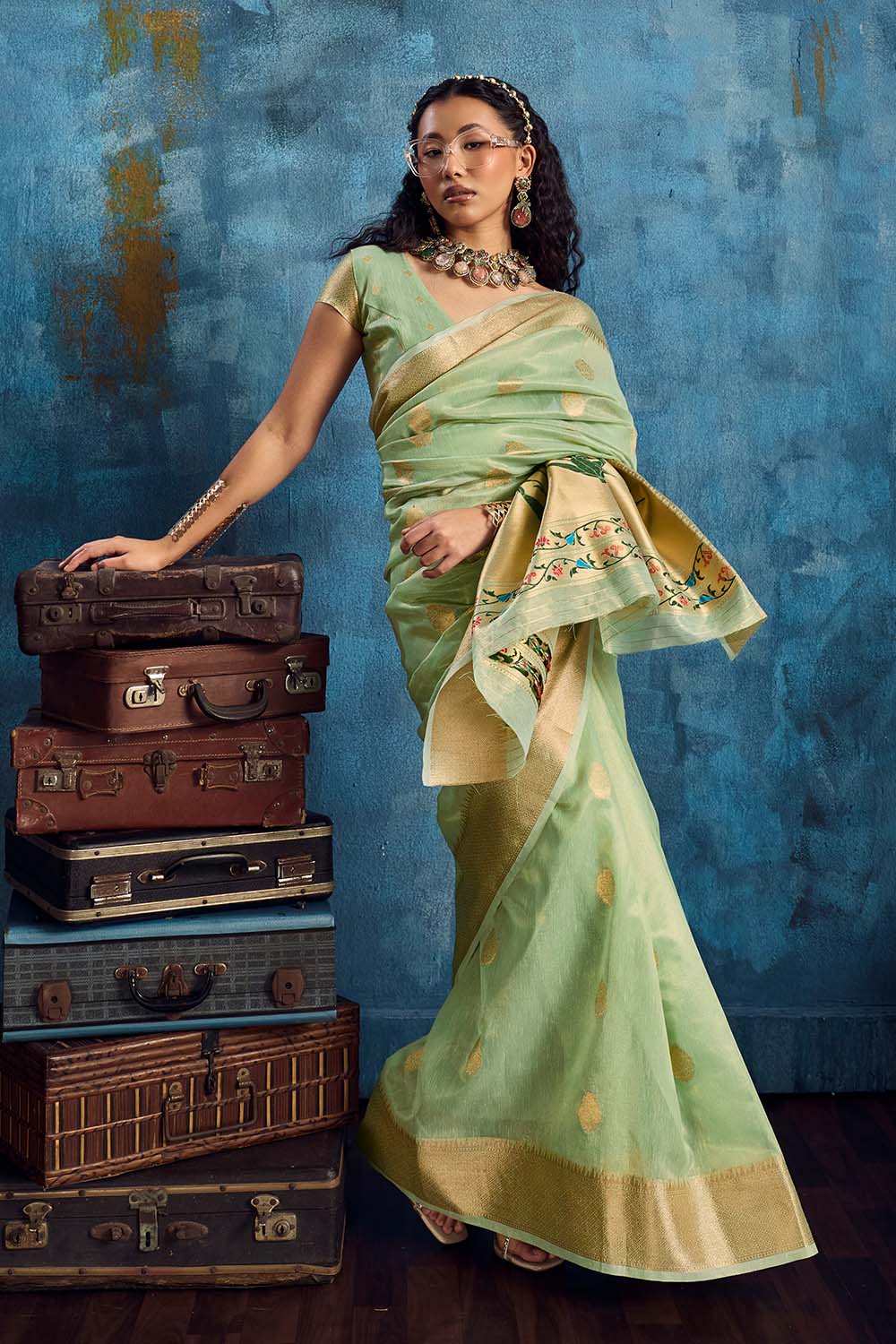 Cleo Pastel Green Paithani Tissue Handloom Weaving Ready to Wear Saree