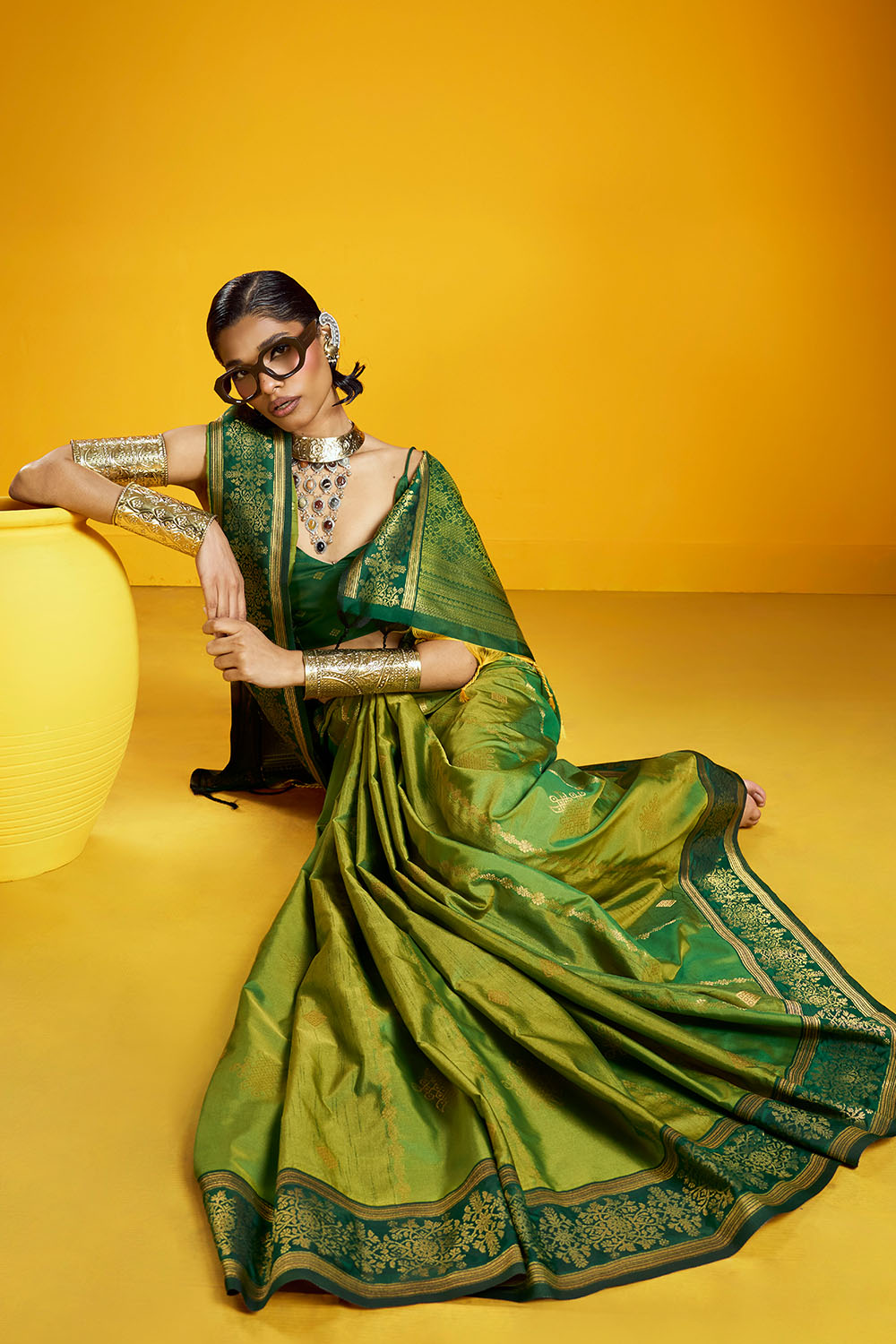 Caryn Green Pure Silk Handloom Woven Ready to Wear Saree