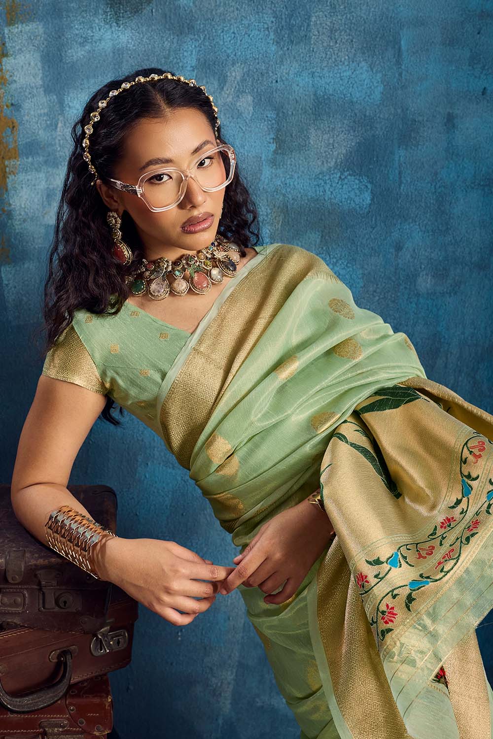 Cleo Pastel Green Paithani Tissue Handloom Weaving Ready to Wear Saree