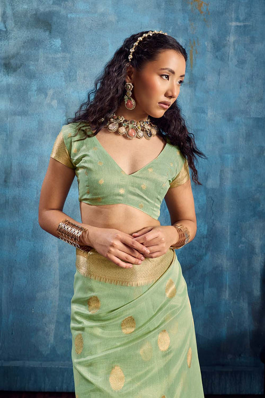 Cleo Pastel Green Paithani Tissue Handloom Weaving Ready to Wear Saree