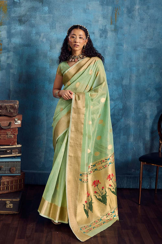Cleo Pastel Green Paithani Tissue Handloom Weaving Ready to Wear Saree