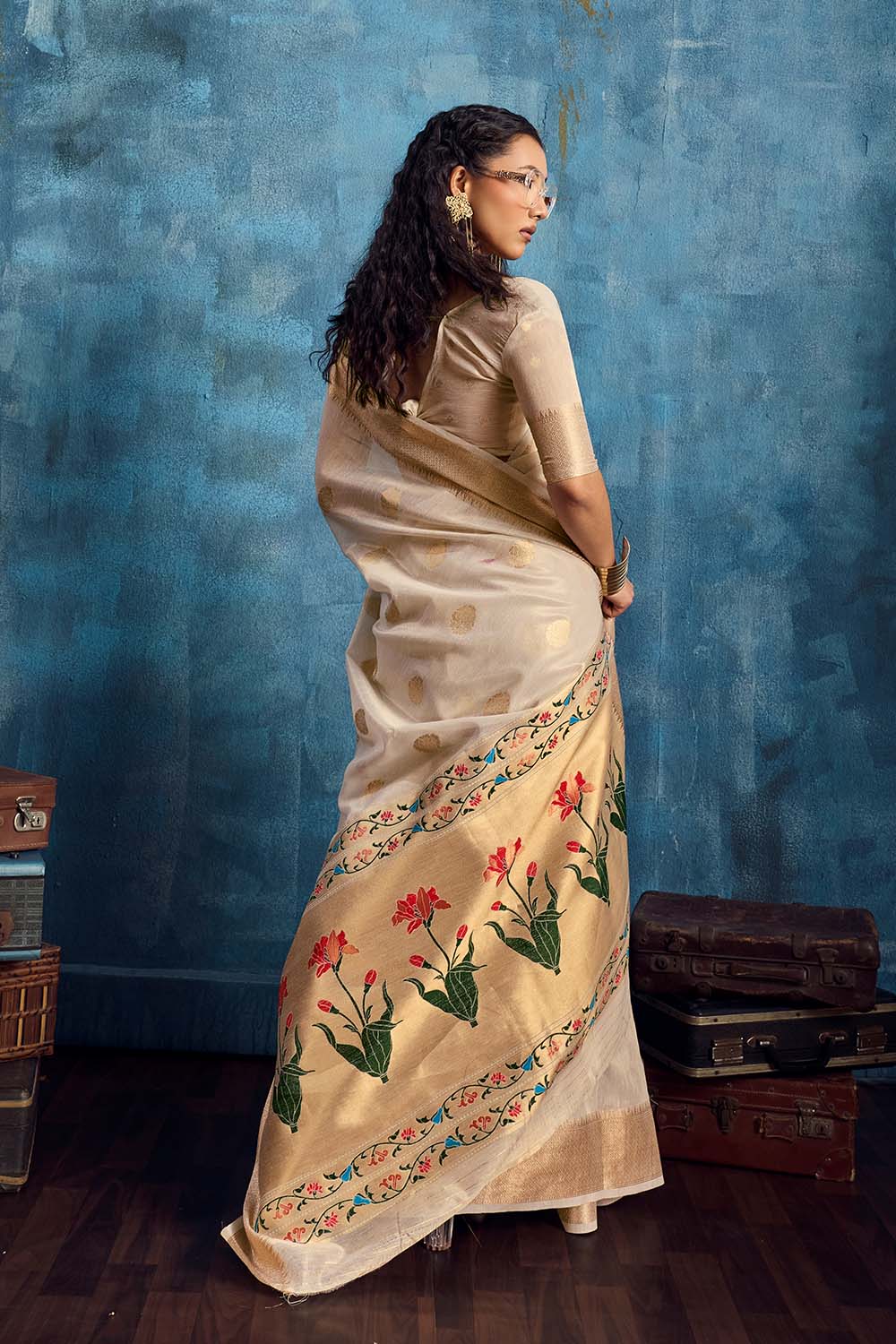 Cleo Cream Paithani Tissue Handloom Weaving Ready to Wear Saree