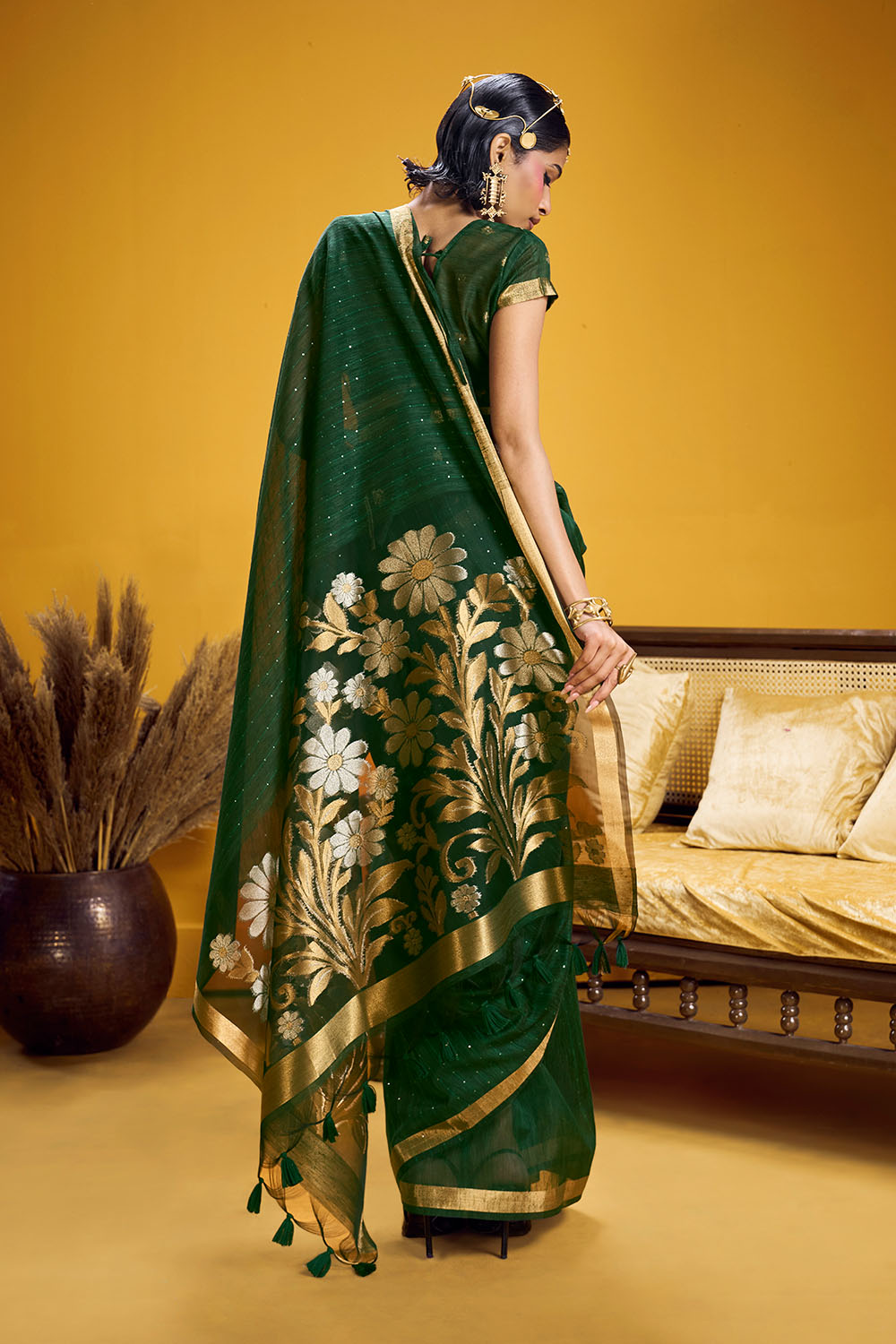 Neerja Bottle Green Munga Silk Zari Weaving Ready to Wear One Minute Saree