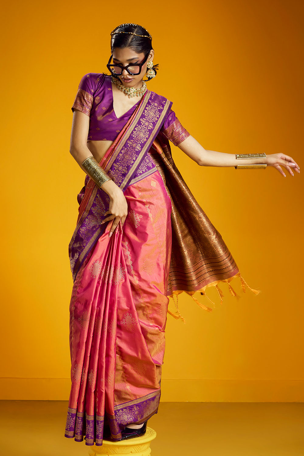 Caryn Pink and Purple Pure Silk Handloom Woven Ready to Wear Saree