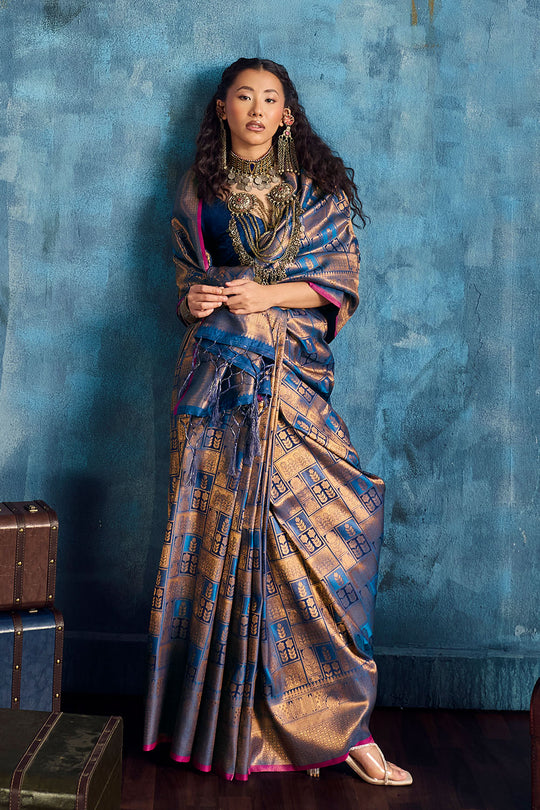 Kiya Steel Blue Handloom Zari Weaving Silk Ready to Wear Saree