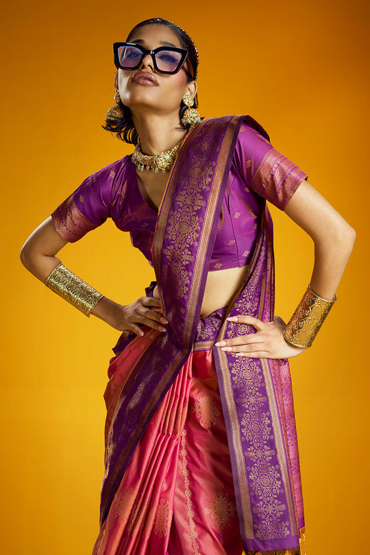 Caryn Pink and Purple Pure Silk Handloom Woven Ready to Wear Saree