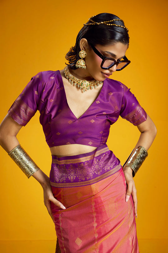 Caryn Pink and Purple Pure Silk Handloom Woven Ready to Wear Saree