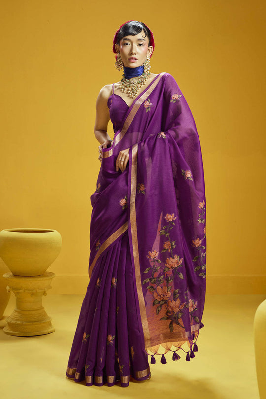 Emilia Purple Munga Print Cotton Handloom Weaving Ready to Wear Saree