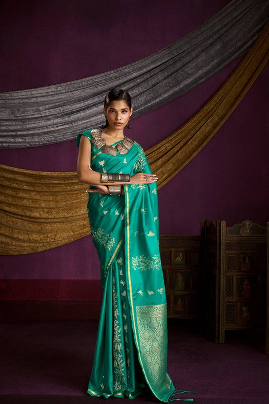 Akari Emerald Green Pure Satin Handloom Weaving Silk Ready to Wear Saree