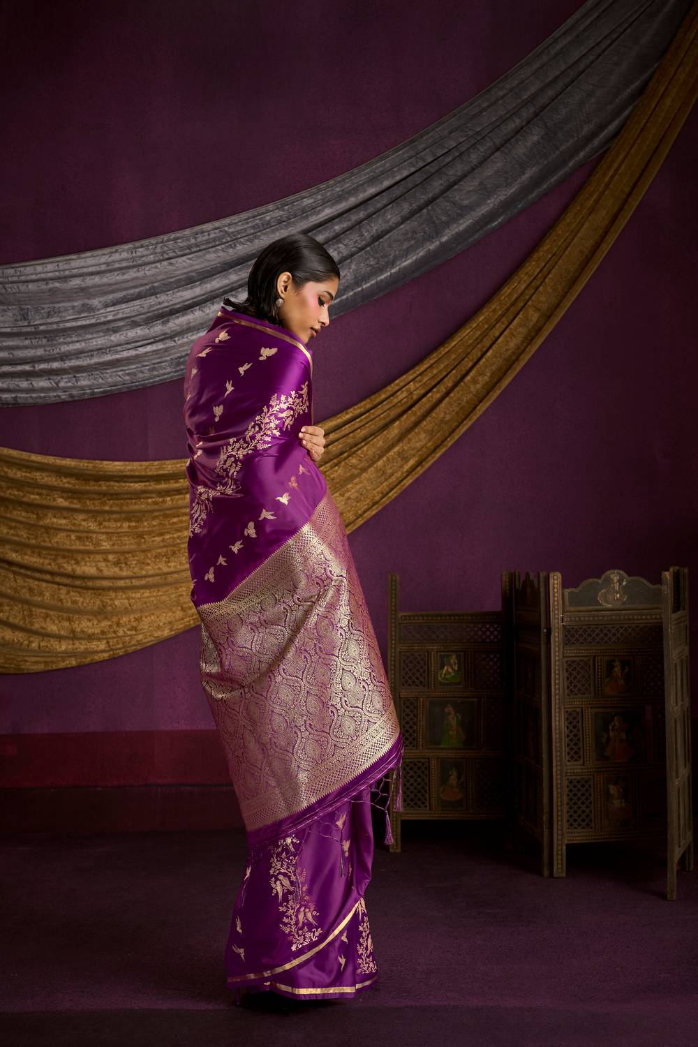 Akari Wine Purple Pure Satin Handloom Weaving Silk Ready to Wear Saree