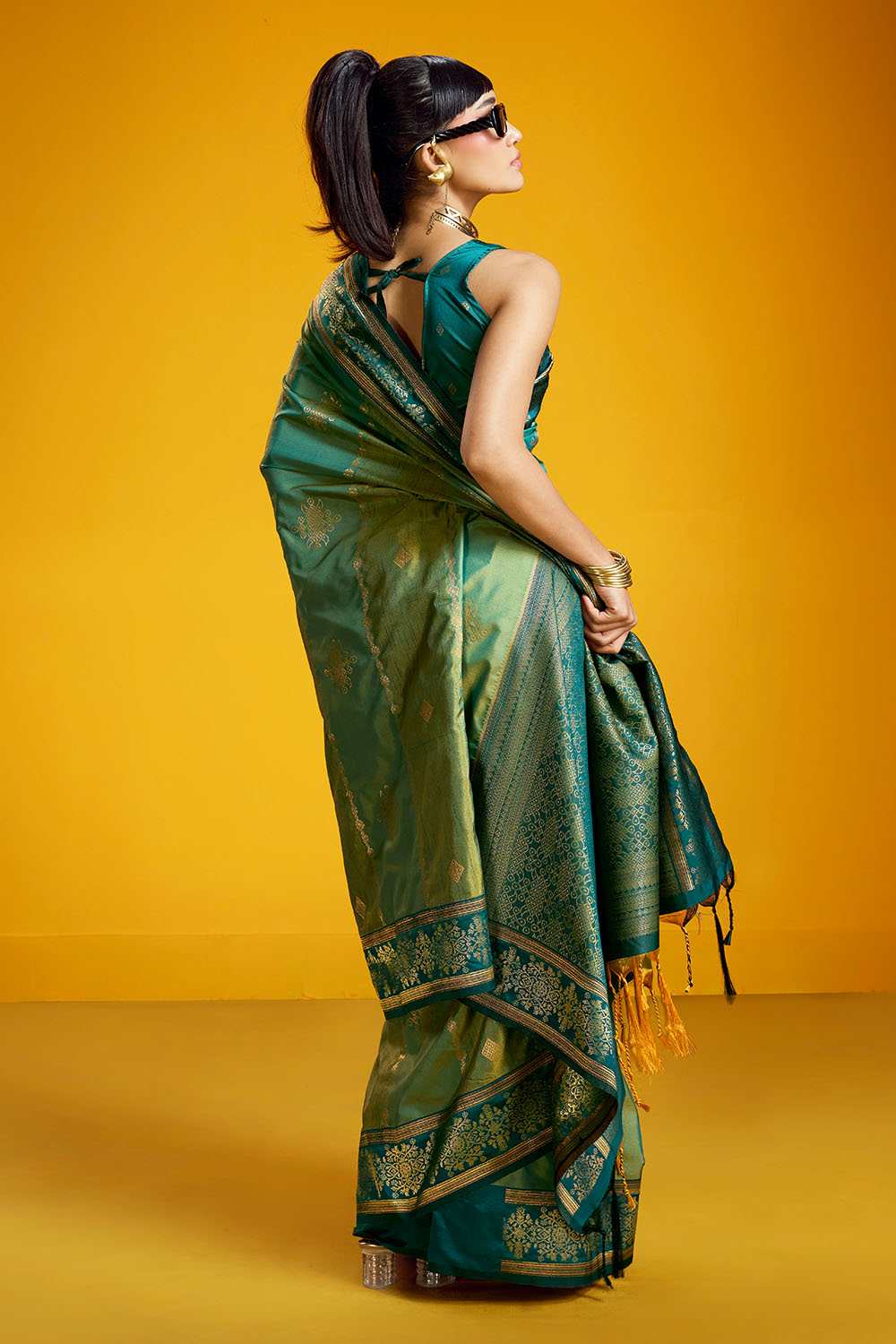 Caryn Teal Green Pure Silk Handloom Woven Ready to Wear Saree