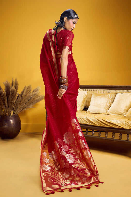 Neerja Crimson Red Munga Silk Zari Weaving Ready to Wear One Minute Saree