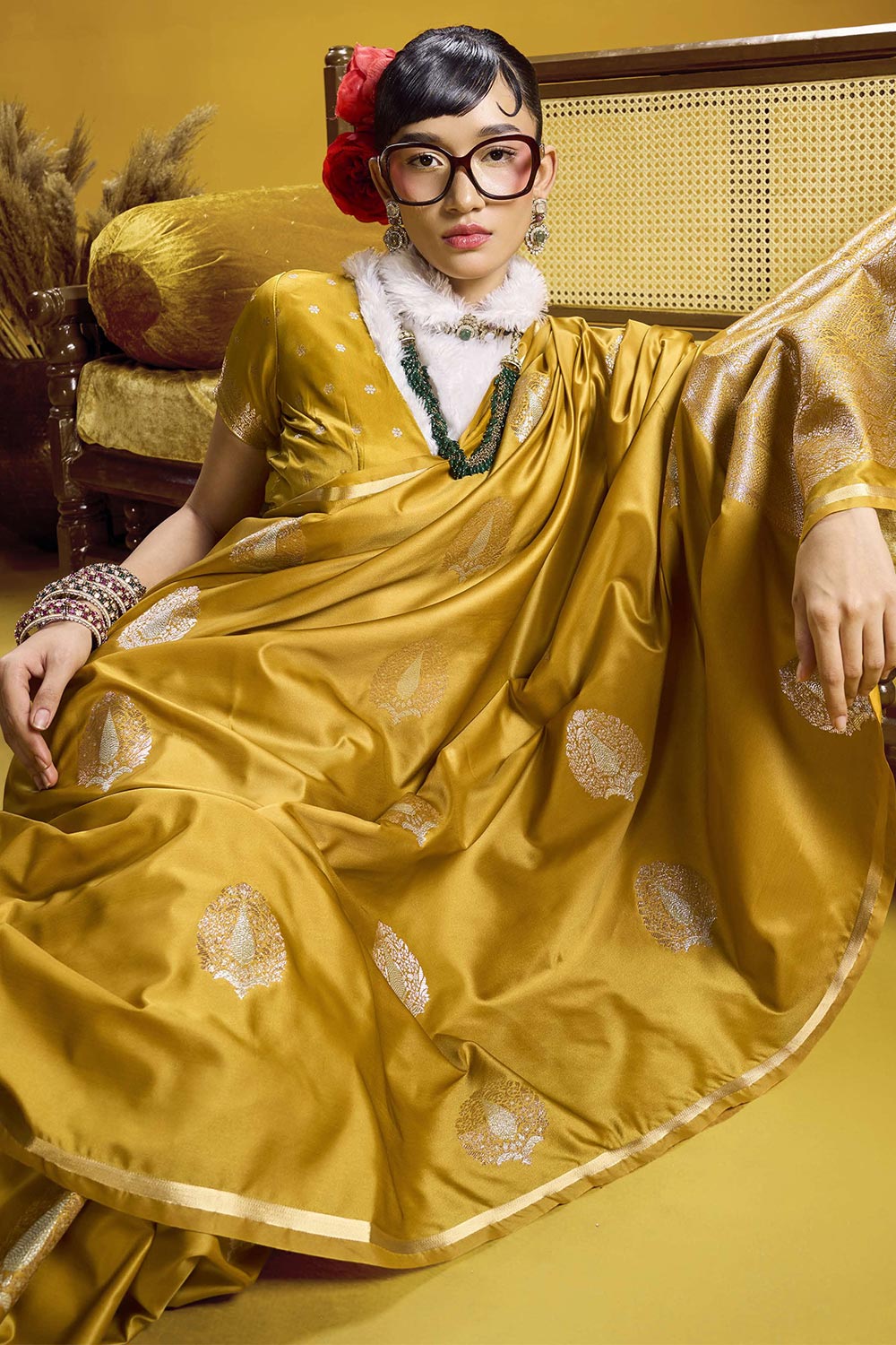 Venu Mustard Yellow Pure Satin Handloom Woven Silk Ready to Wear Saree