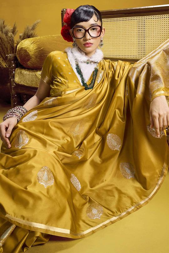 Venu Mustard Yellow Pure Satin Handloom Woven Silk Ready to Wear Saree