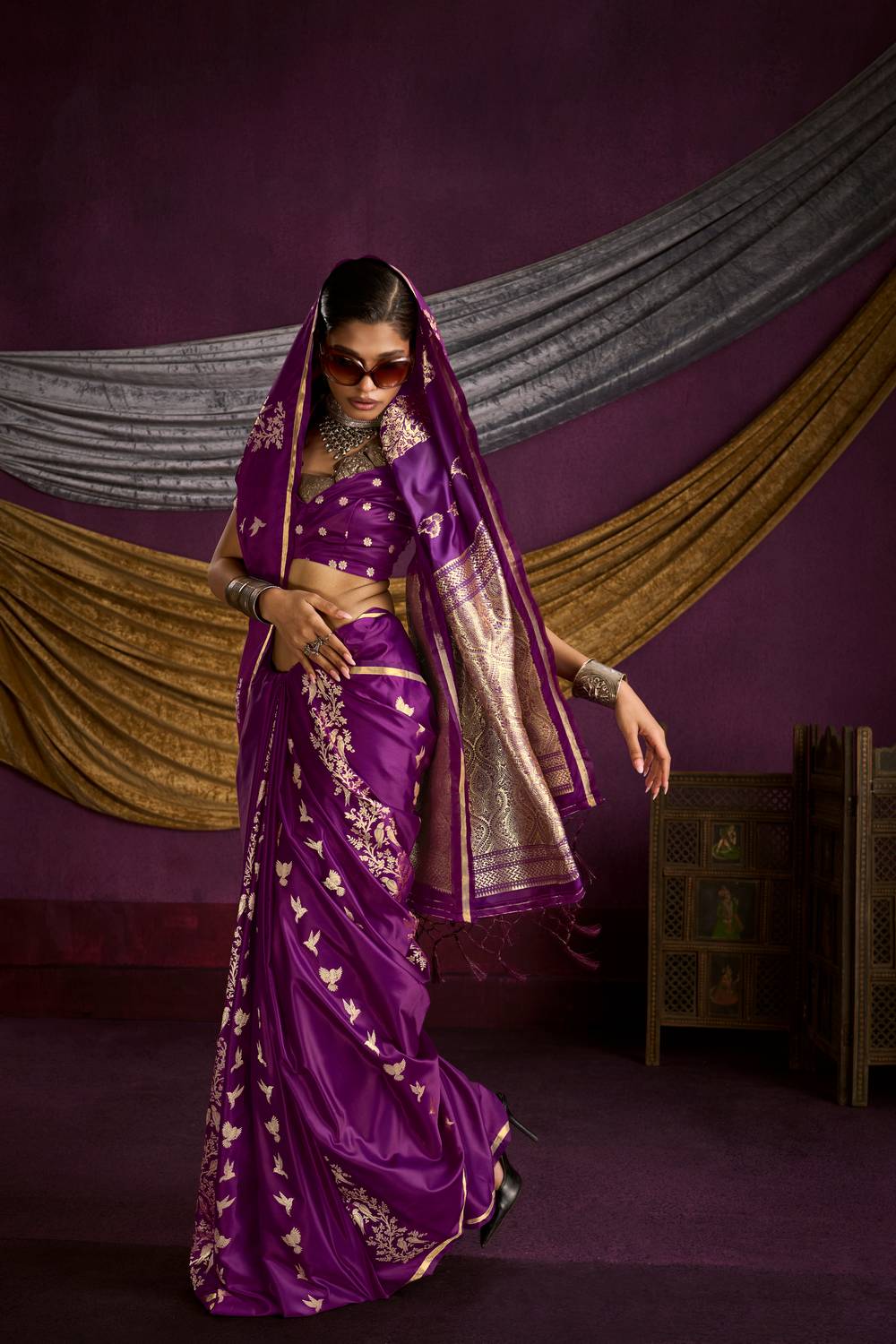 Akari Wine Purple Pure Satin Handloom Weaving Silk Ready to Wear Saree