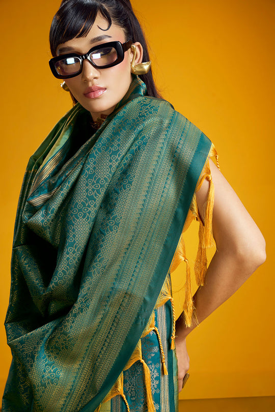Caryn Teal Green Pure Silk Handloom Woven Ready to Wear Saree