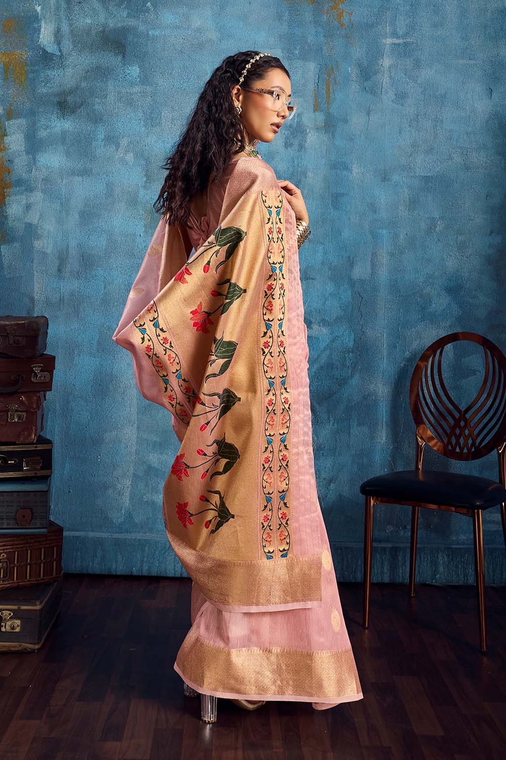 Cleo Blush Pink Paithani Tissue Handloom Weaving Ready to Wear Saree