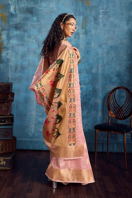 Cleo Blush Pink Paithani Tissue Handloom Weaving Ready to Wear Saree