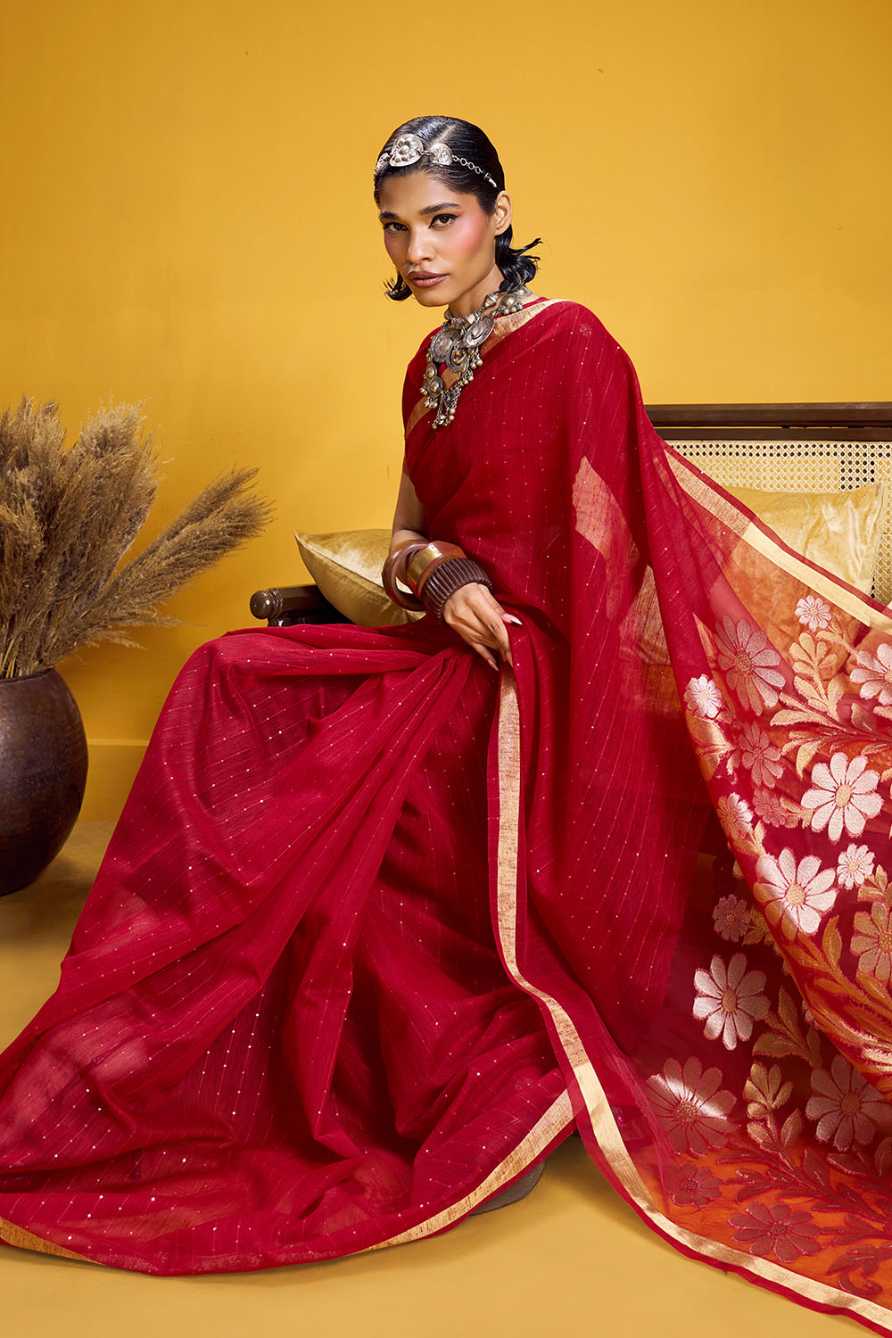 Neerja Crimson Red Munga Silk Zari Weaving Ready to Wear One Minute Saree