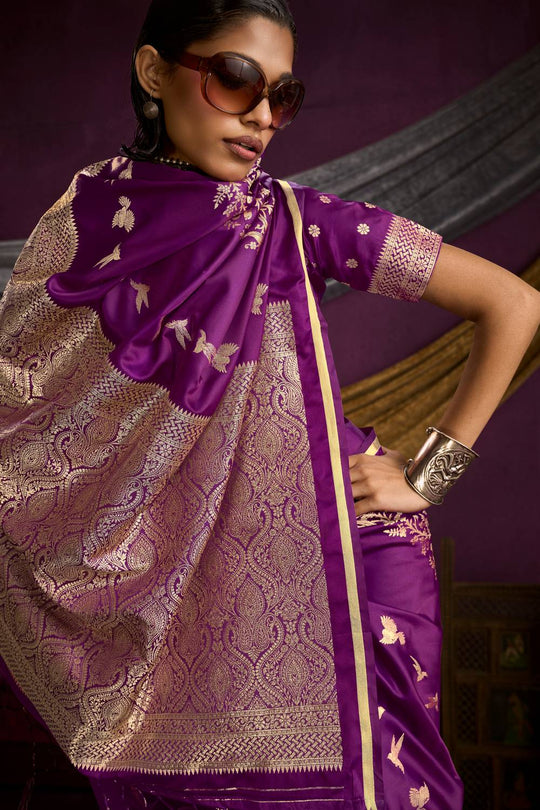 Akari Wine Purple Pure Satin Handloom Weaving Silk Ready to Wear Saree